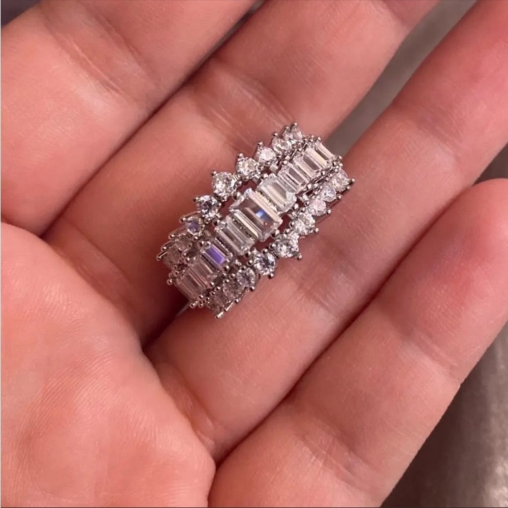 Wedding bridal anniversary sterling silver crown ring CZ  Rectangular Sp…